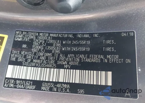 2018 Toyota Highlander Se z USA, uszkodzony, nr VIN 5TDJZRFH3JS546625